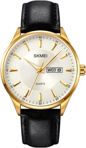 SKMEI Watches for Men Black Leather Fashion Business Dress Classic Casual Simple Analog Waterproof Elegant Dad Fathers Gifts Gold Wrist Watch