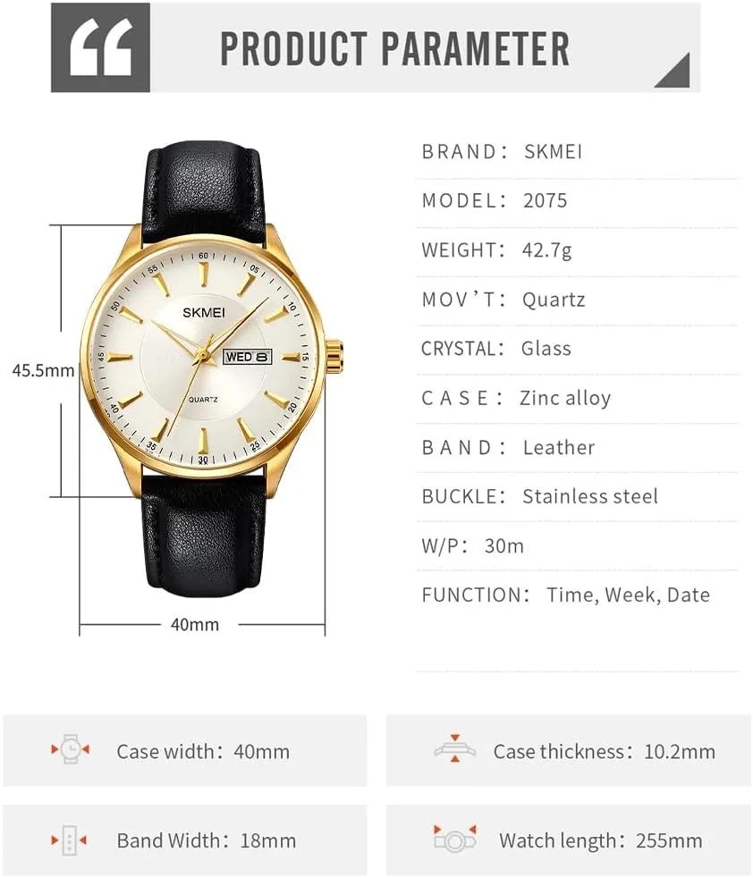 SKMEI Watches for Men Black Leather Fashion Business Dress Classic Casual Simple Analog Waterproof Elegant Dad Fathers Gifts Gold Wrist Watch