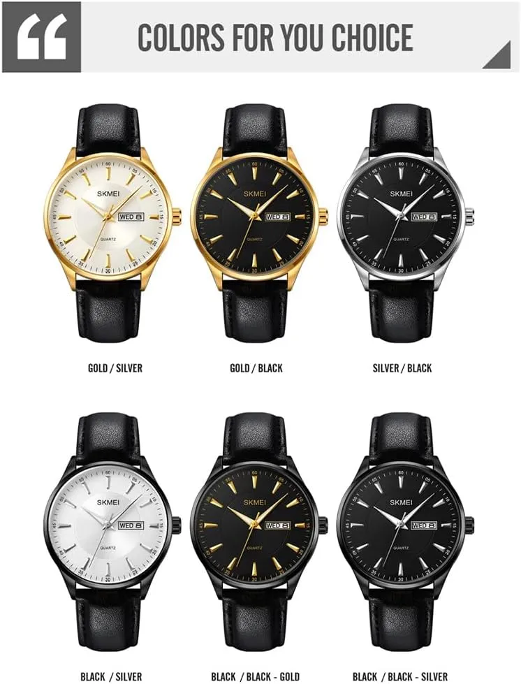 SKMEI Watches for Men Black Leather Fashion Business Dress Classic Casual Simple Analog Waterproof Elegant Dad Fathers Gifts Gold Wrist Watch