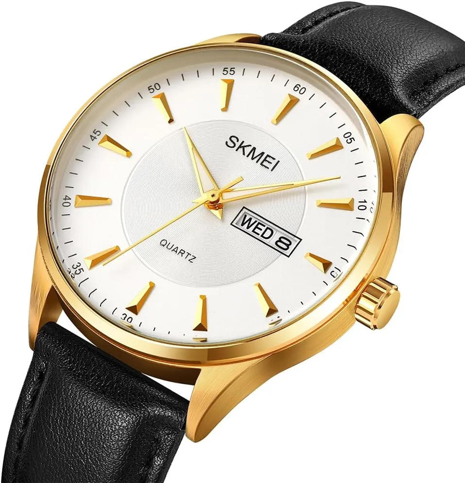 SKMEI Watches for Men Black Leather Fashion Business Dress Classic Casual Simple Analog Waterproof Elegant Dad Fathers Gifts Gold Wrist Watch