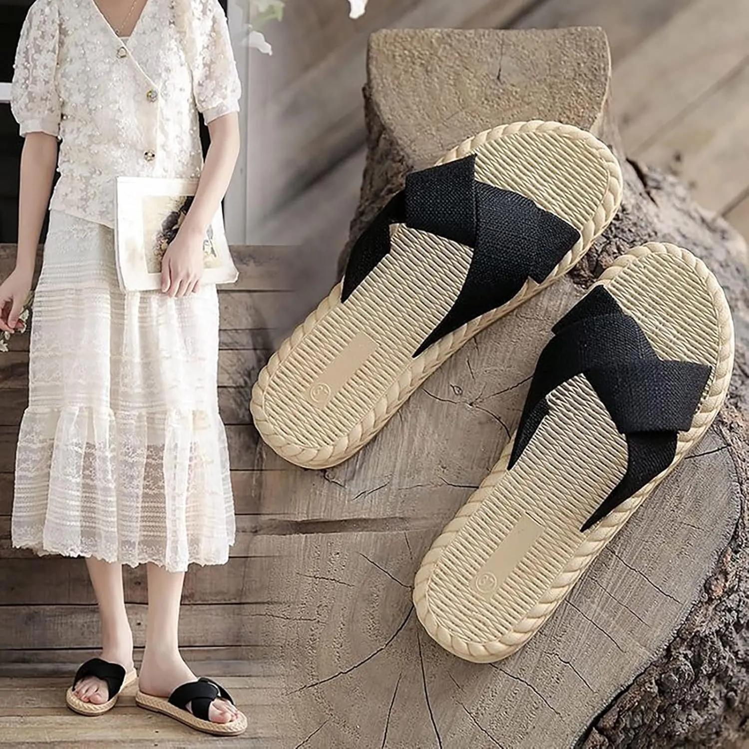 Slide Sandals for Women Women's Sandals Flat Sandal Womens Dressy Bohemian Open Toe with Elastic Casual