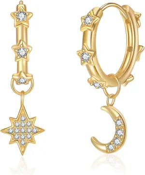 Small Dangle Hoop Earrings,Dainty Moon Star Drop Huggie Earring,Simple Tarnish Free Gold Moon Sun Earring Jewelry for Women Teen