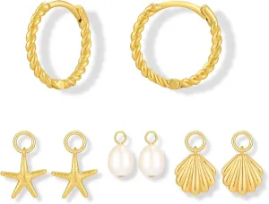 Small Gold Hoop Earrings And Cute Ocean Charms Set Twisted Huggie Hoops With Interchangeable Starfish Shell Pearl Charm