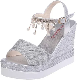 Smoneyful Women Wedge Platform Sandals, Summer Dressy with Pearl Open Toe, Ankle Strap High Heels, Espadrille Buckle for Beach, Wide Width Orthopedic