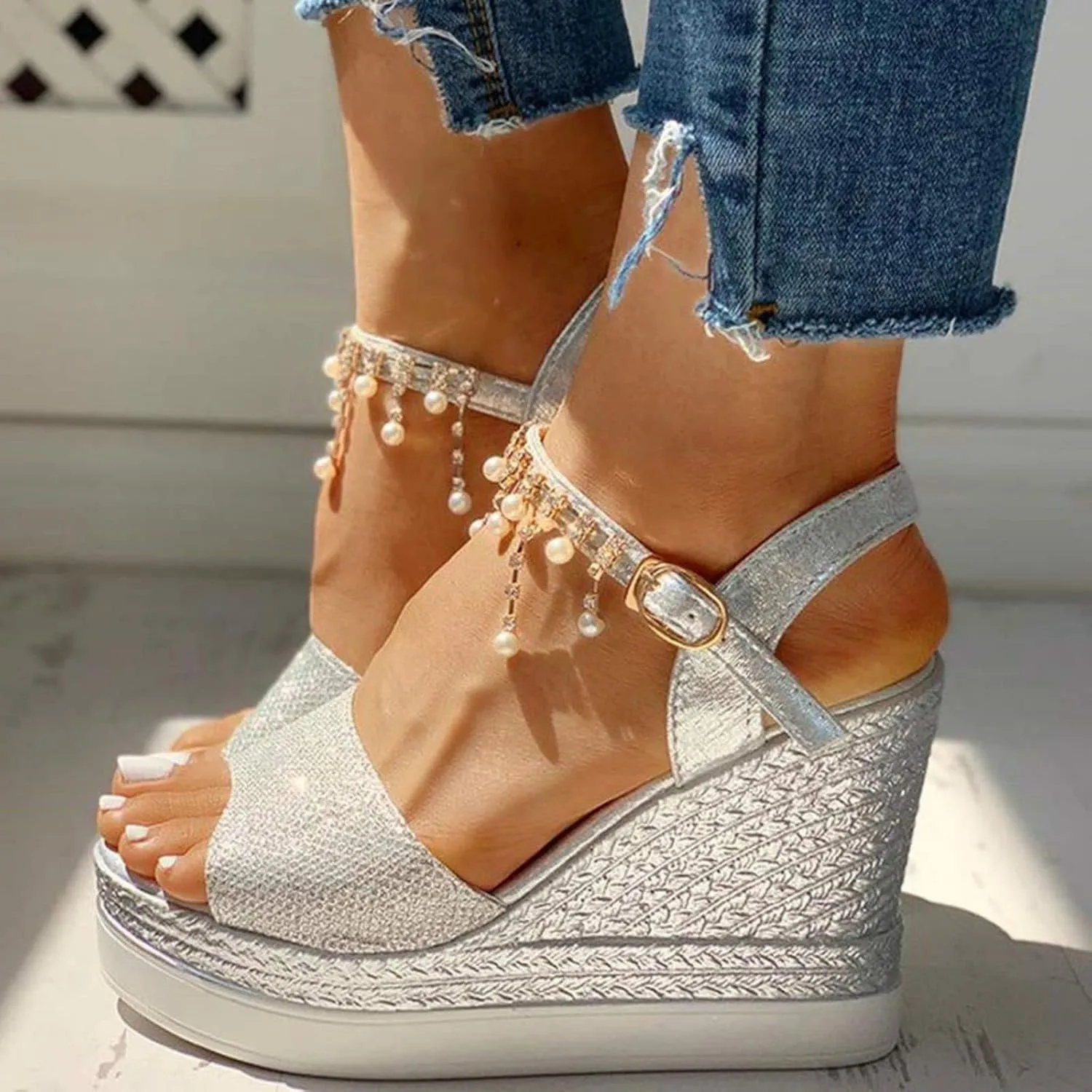 Smoneyful Women Wedge Platform Sandals, Summer Dressy with Pearl Open Toe, Ankle Strap High Heels, Espadrille Buckle for Beach, Wide Width Orthopedic