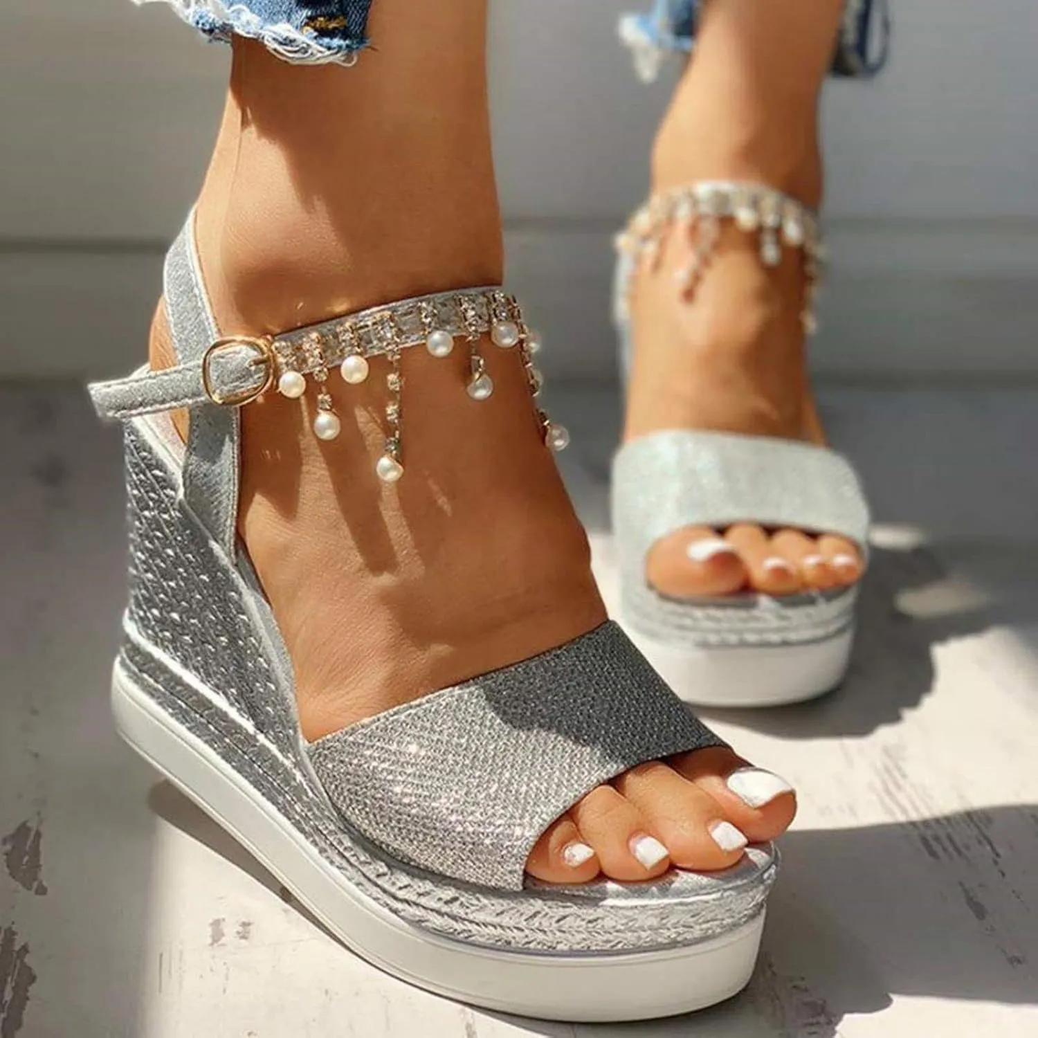 Smoneyful Women Wedge Platform Sandals, Summer Dressy with Pearl Open Toe, Ankle Strap High Heels, Espadrille Buckle for Beach, Wide Width Orthopedic