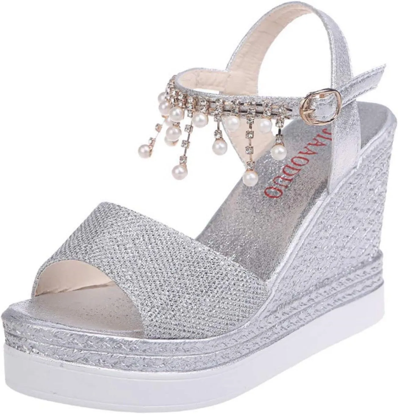 Smoneyful Women Wedge Platform Sandals, Summer Dressy with Pearl Open Toe, Ankle Strap High Heels, Espadrille Buckle for Beach, Wide Width Orthopedic