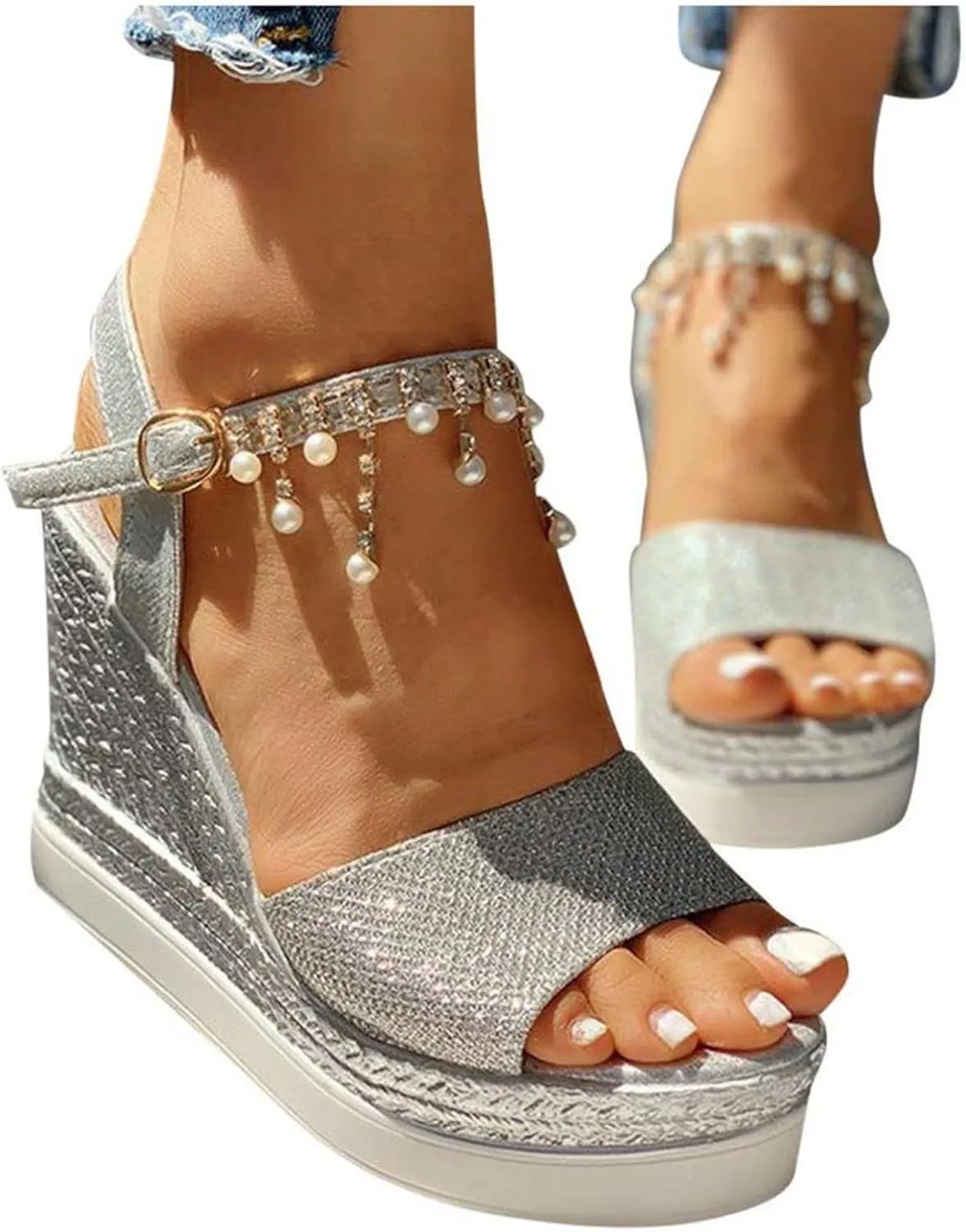 Smoneyful Women Wedge Platform Sandals, Summer Dressy with Pearl Open Toe, Ankle Strap High Heels, Espadrille Buckle for Beach, Wide Width Orthopedic