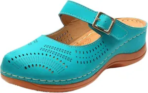 Smoneyful Womens Closed Toe Mule Sandals Arch Support Adjustable for Casual Walking Lightweight Non Slip Hollow Out Low Wedge for Summer