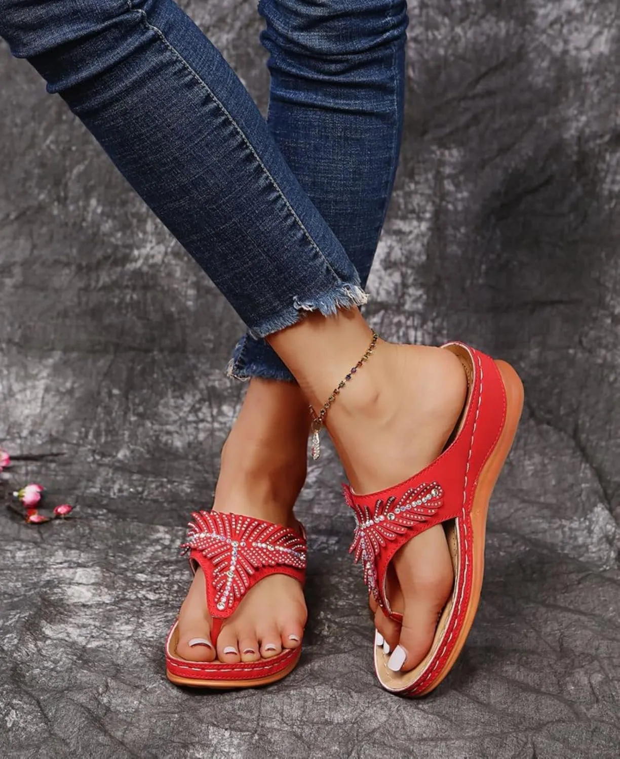 Smoneyful Women's Dressy Sandals Summer Comfortable Arch Support Flower Hollow Thong Clip Toe Lightweight Wedge Flip Flops Orthopedic Casual Walking Open Toe Beach Slipper Sandals