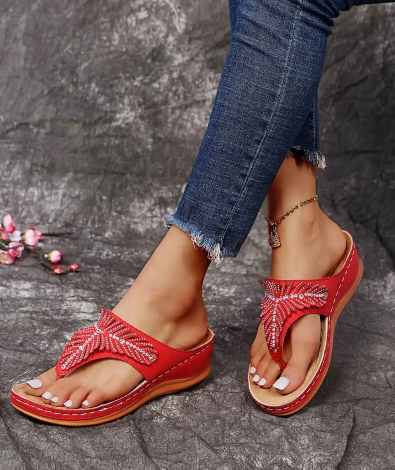 Smoneyful Women's Dressy Sandals Summer Comfortable Arch Support Flower Hollow Thong Clip Toe Lightweight Wedge Flip Flops Orthopedic Casual Walking Open Toe Beach Slipper Sandals