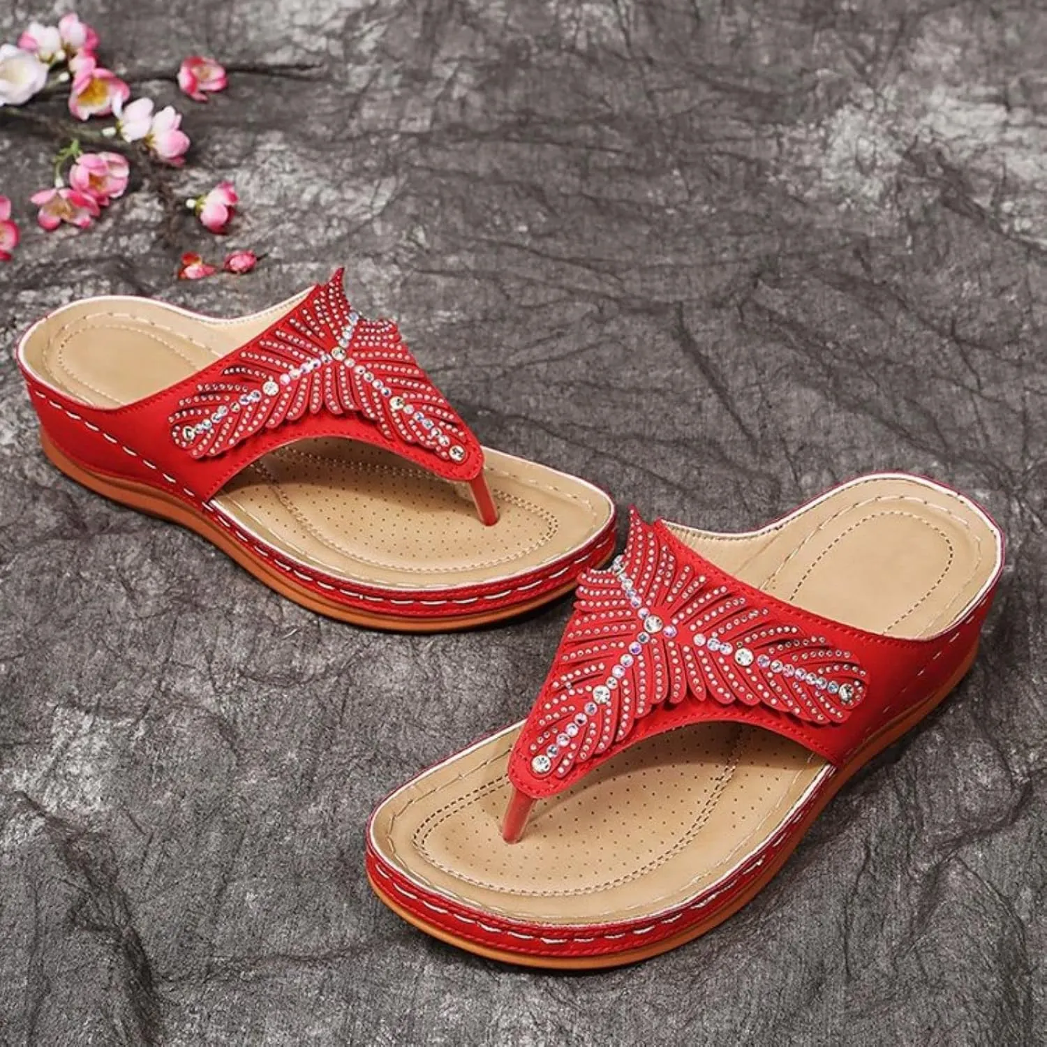 Smoneyful Women's Dressy Sandals Summer Comfortable Arch Support Flower Hollow Thong Clip Toe Lightweight Wedge Flip Flops Orthopedic Casual Walking Open Toe Beach Slipper Sandals
