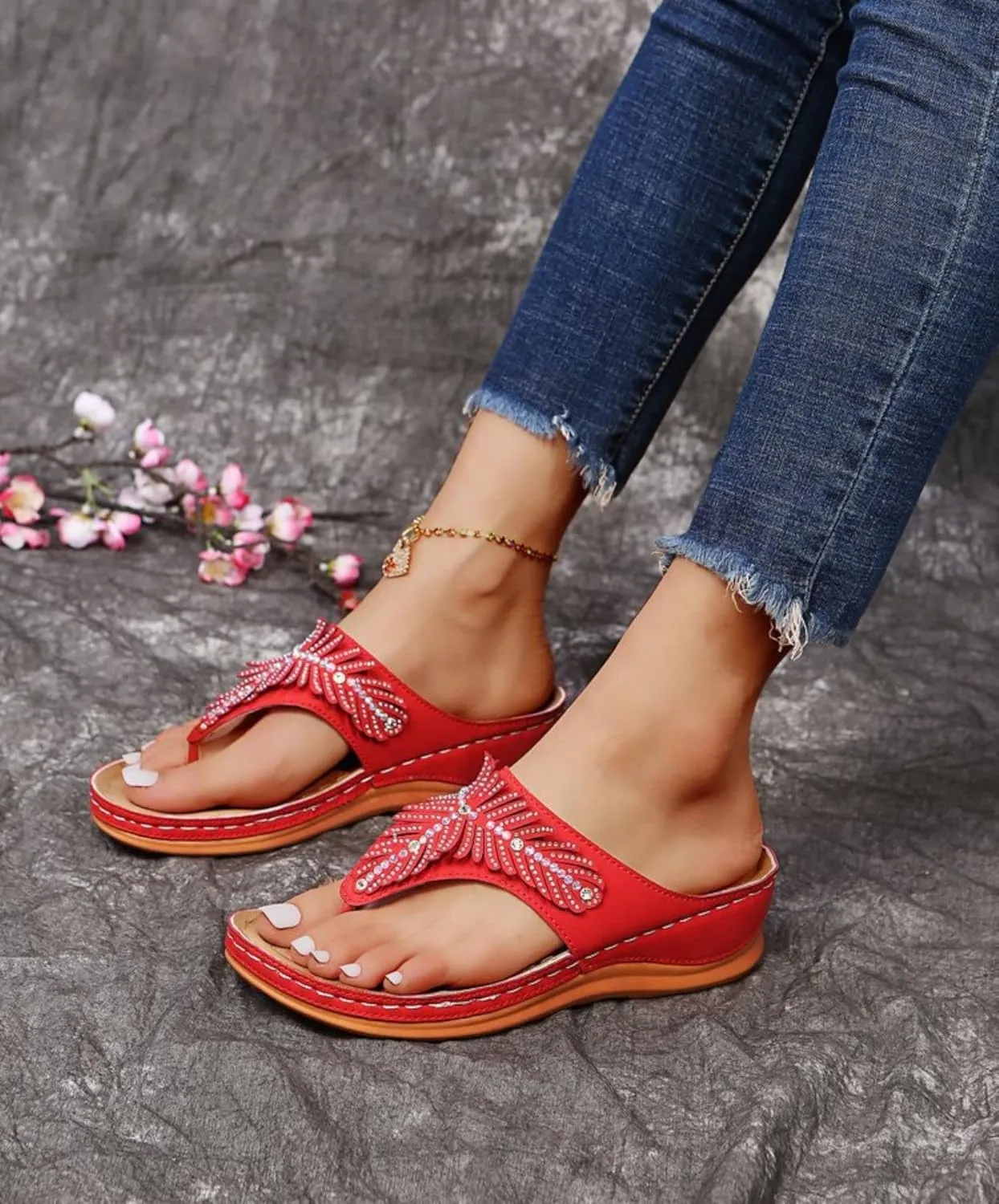 Smoneyful Women's Dressy Sandals Summer Comfortable Arch Support Flower Hollow Thong Clip Toe Lightweight Wedge Flip Flops Orthopedic Casual Walking Open Toe Beach Slipper Sandals