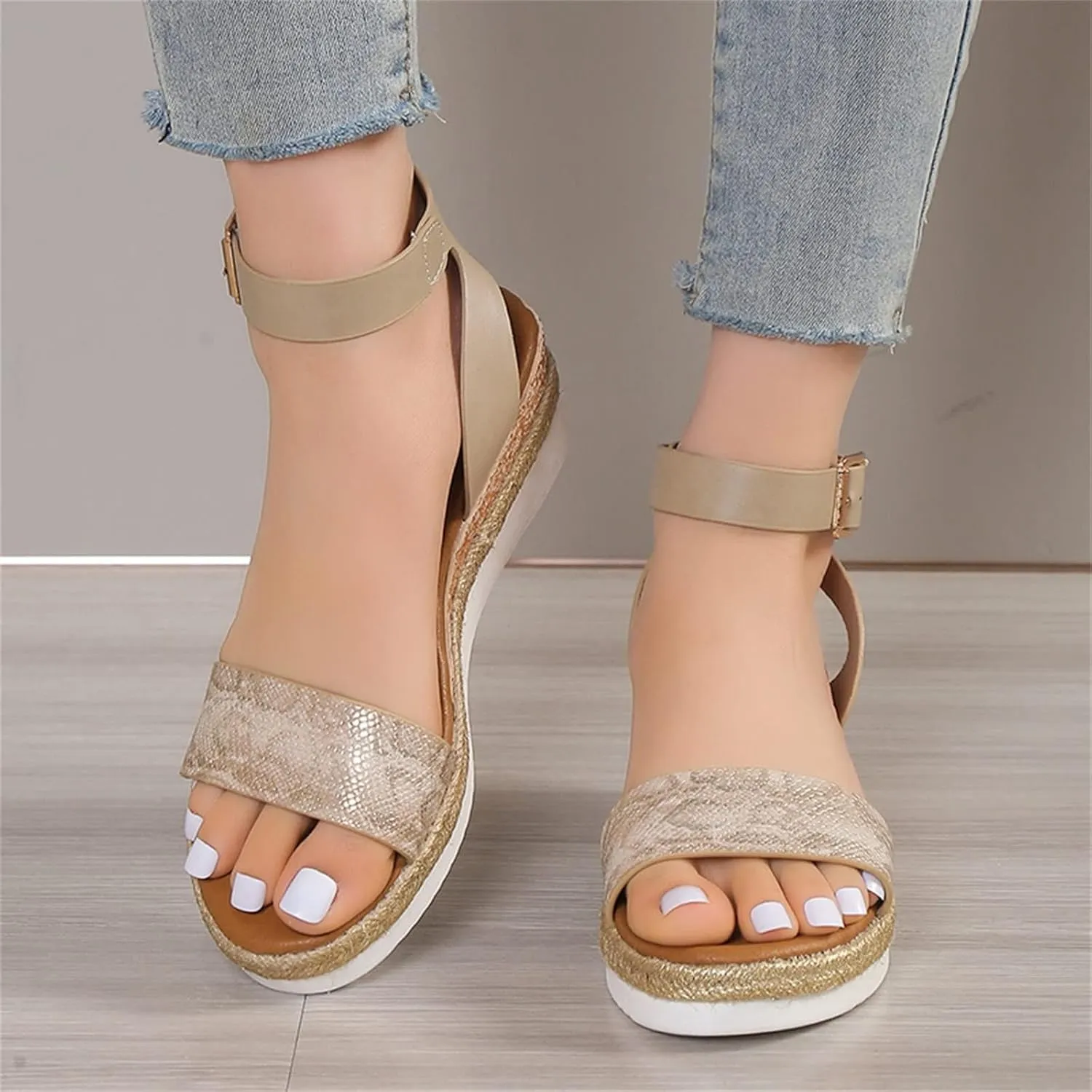 Smoneyful Womens Orthopedic Wedge Sandals Arch Support Open Toe Ankle Strap Platform Retro Casual Summer Walking Slippers Beach Dress Comfortable Slip On