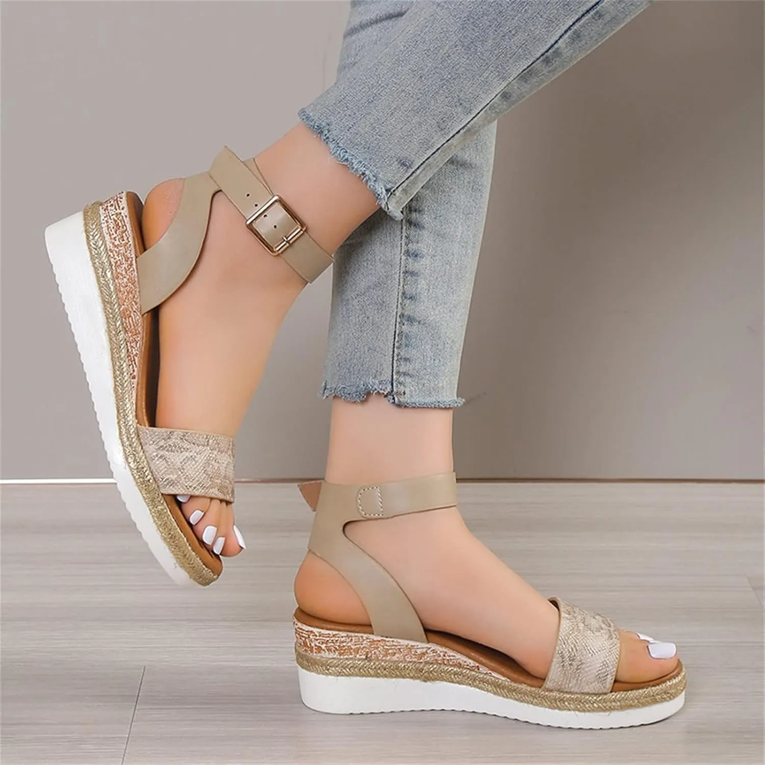 Smoneyful Womens Orthopedic Wedge Sandals Arch Support Open Toe Ankle Strap Platform Retro Casual Summer Walking Slippers Beach Dress Comfortable Slip On