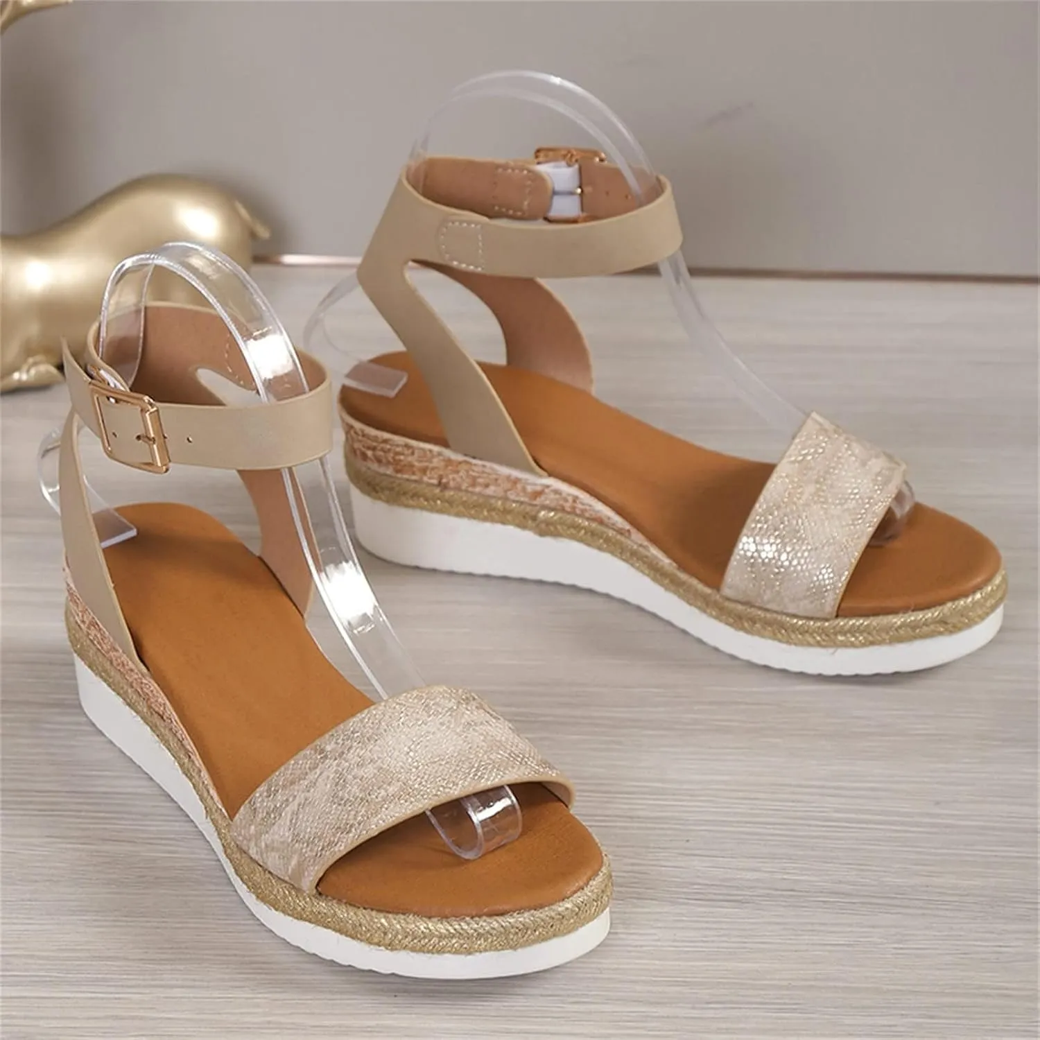 Smoneyful Womens Orthopedic Wedge Sandals Arch Support Open Toe Ankle Strap Platform Retro Casual Summer Walking Slippers Beach Dress Comfortable Slip On