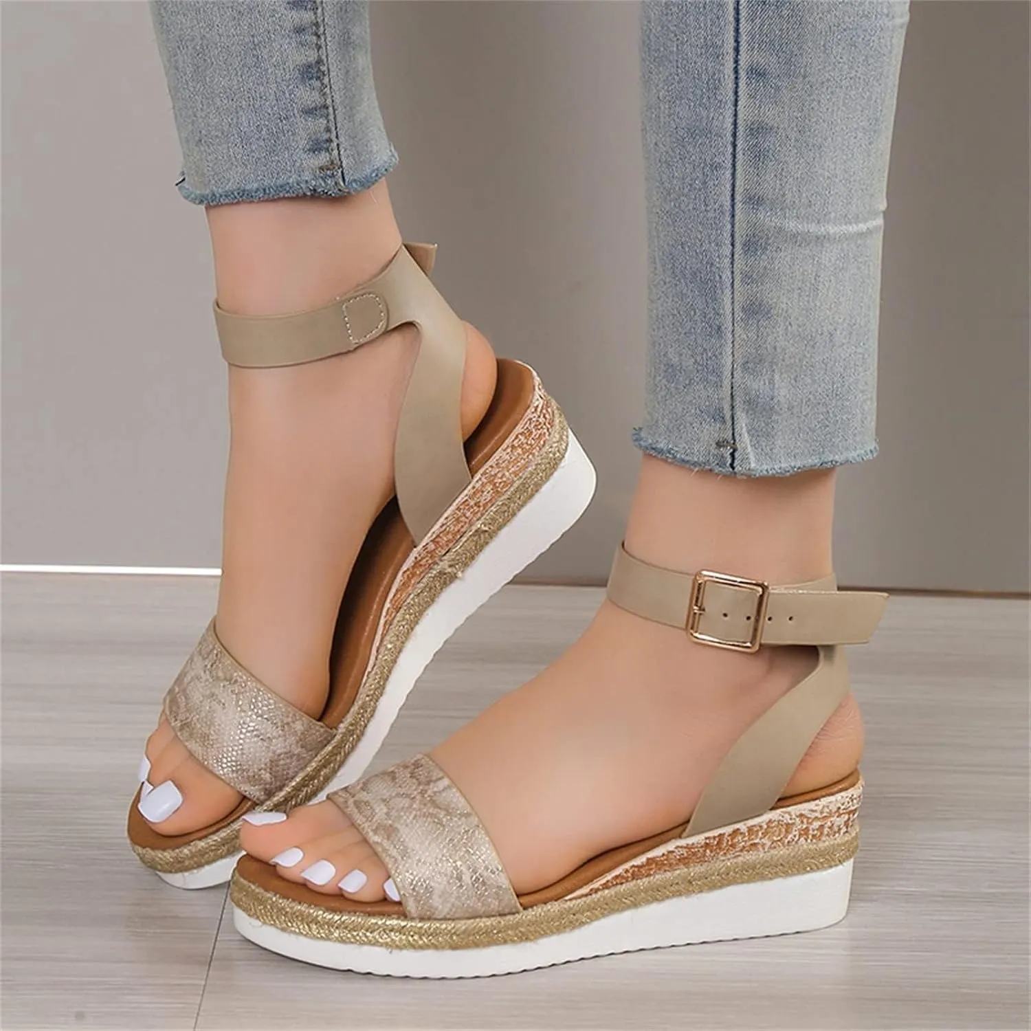 Smoneyful Womens Orthopedic Wedge Sandals Arch Support Open Toe Ankle Strap Platform Retro Casual Summer Walking Slippers Beach Dress Comfortable Slip On