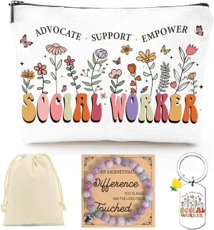Social Worker Appreciation Gifts - 3Pcs Social Worker Gifts for Women, Social Worker Canva Makeup Bag Keychain Bracelet for Social Worker Volunteer Nurse Teacher Graduation Christmas Gift