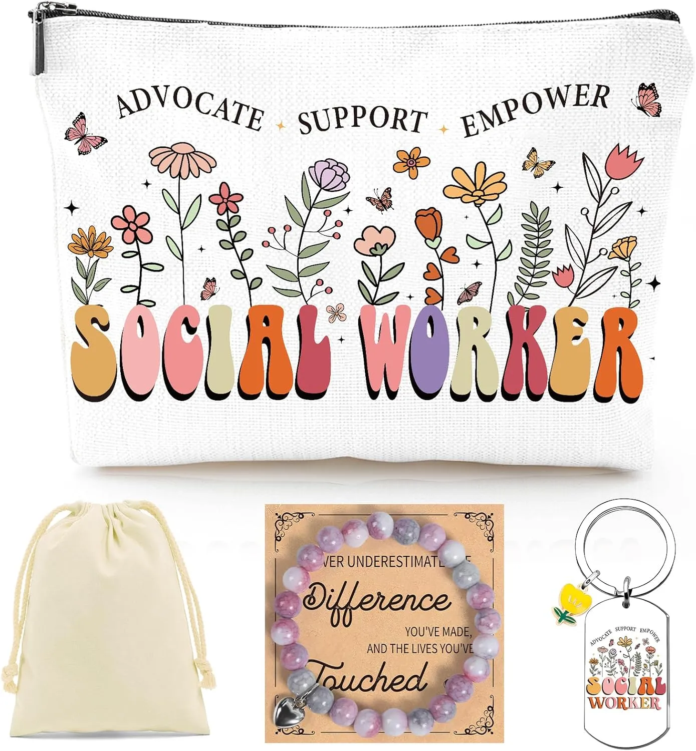 Social Worker Appreciation Gifts - 3Pcs Social Worker Gifts for Women, Social Worker Canva Makeup Bag Keychain Bracelet for Social Worker Volunteer Nurse Teacher Graduation Christmas Gift