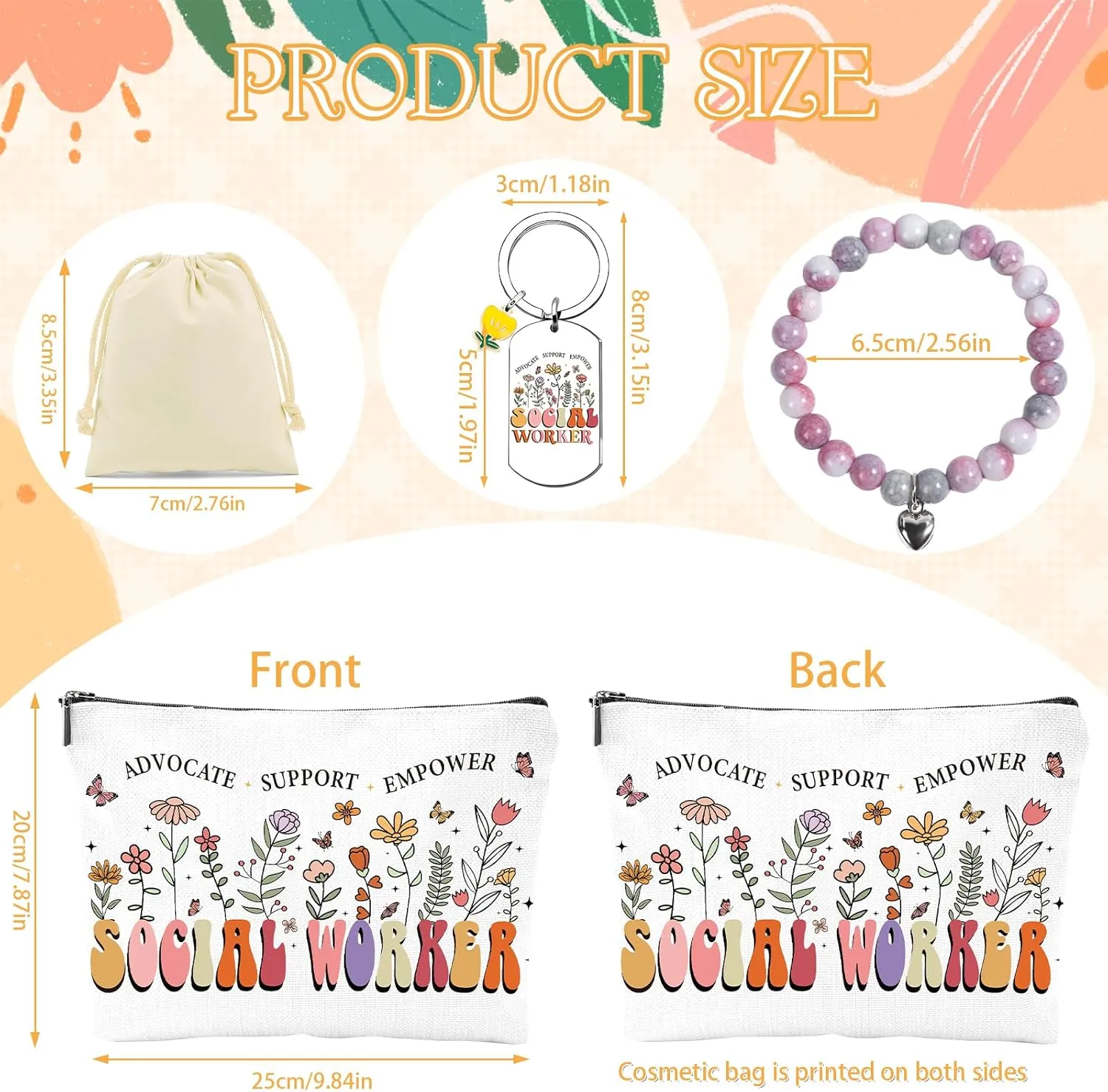 Social Worker Appreciation Gifts - 3Pcs Social Worker Gifts for Women, Social Worker Canva Makeup Bag Keychain Bracelet for Social Worker Volunteer Nurse Teacher Graduation Christmas Gift