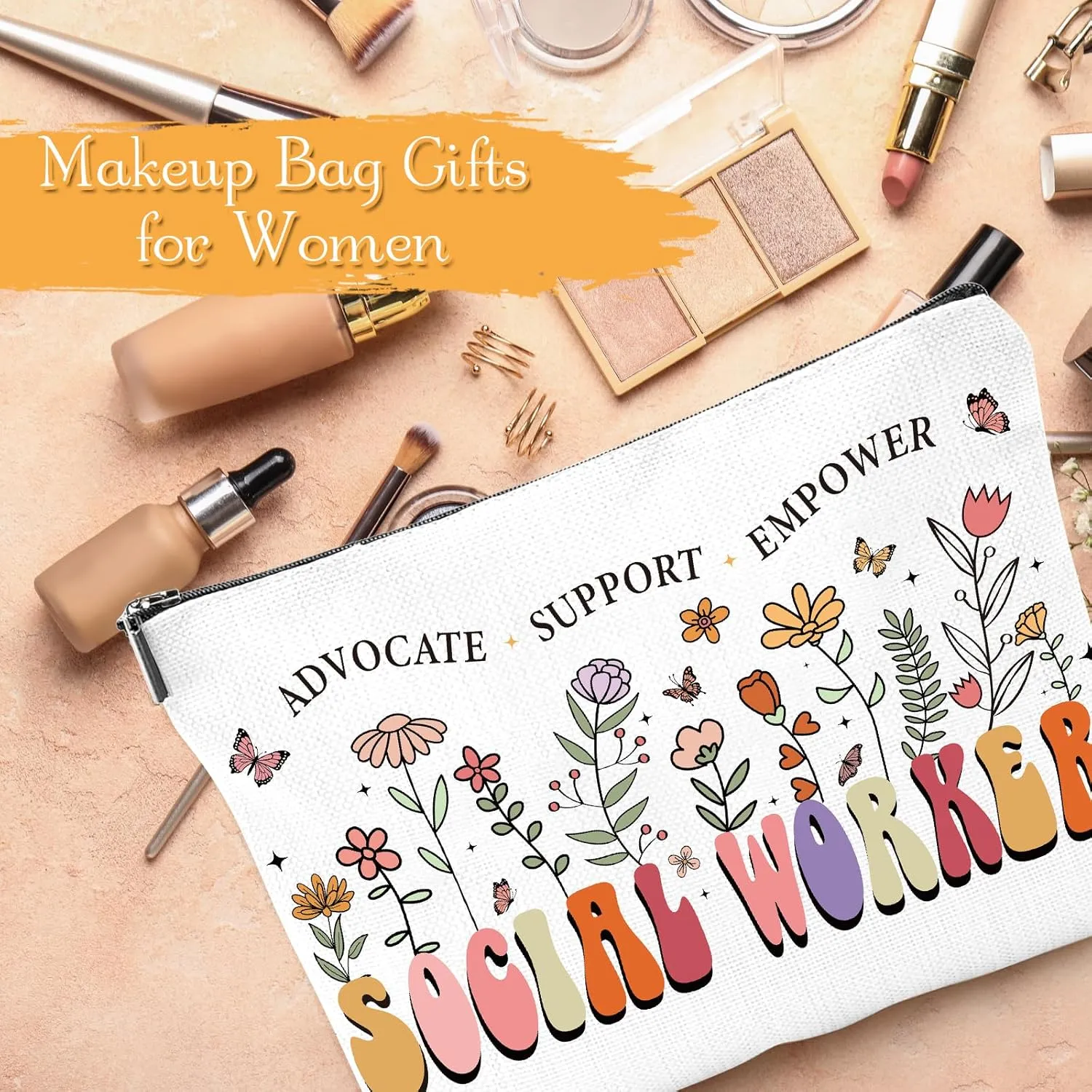 Social Worker Appreciation Gifts - 3Pcs Social Worker Gifts for Women, Social Worker Canva Makeup Bag Keychain Bracelet for Social Worker Volunteer Nurse Teacher Graduation Christmas Gift