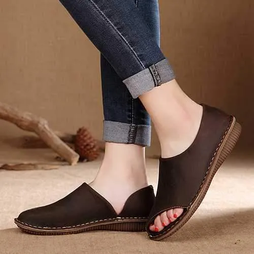 SOCOFY Leather Hollow Out Breathable Peep Toe Soft Flat Shoes