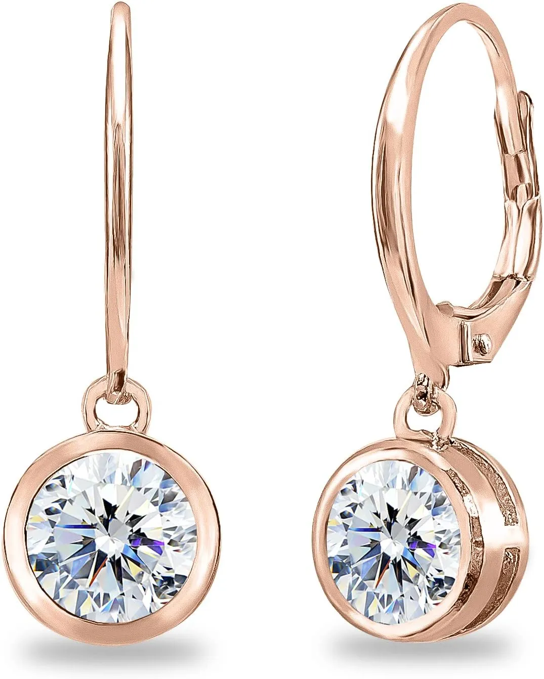 Sterling Silver 6mm Round Bezel-Set Sparkling AAA Cubic Zirconia Dainty Drop CZ Dangle Earrings for Women Bridal