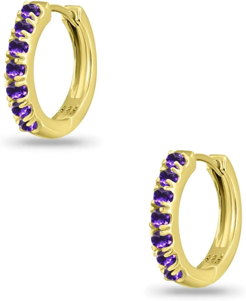 Sterling Silver Tiny Small 15mm Prong-set Genuine or Synthetic Gemstone Round Small Huggie Hoop Earrings for Women