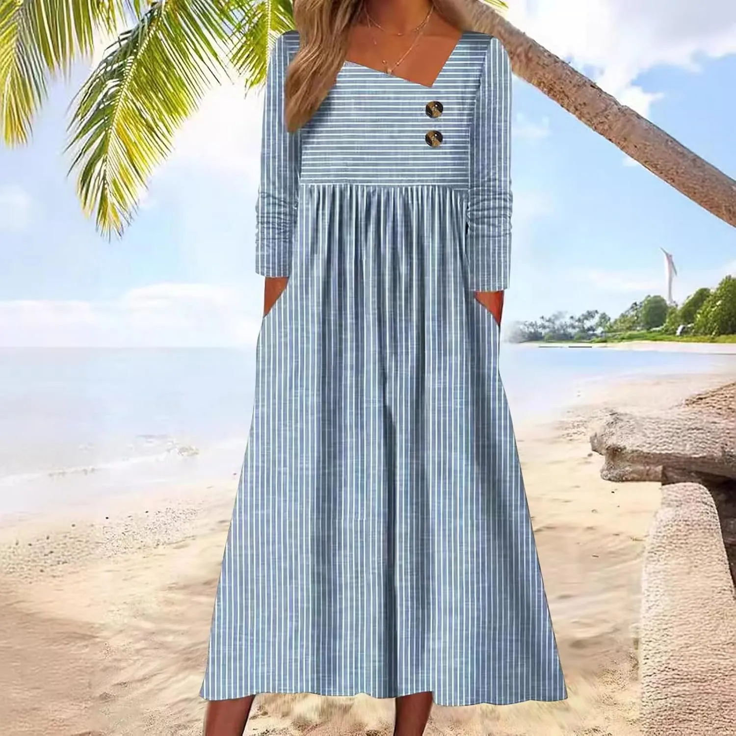 Stripe Long Dresses for Women 2025 Trendy Button Crop Neck Short Sleeve Dress Casual Summer Beach Vacation Sundress