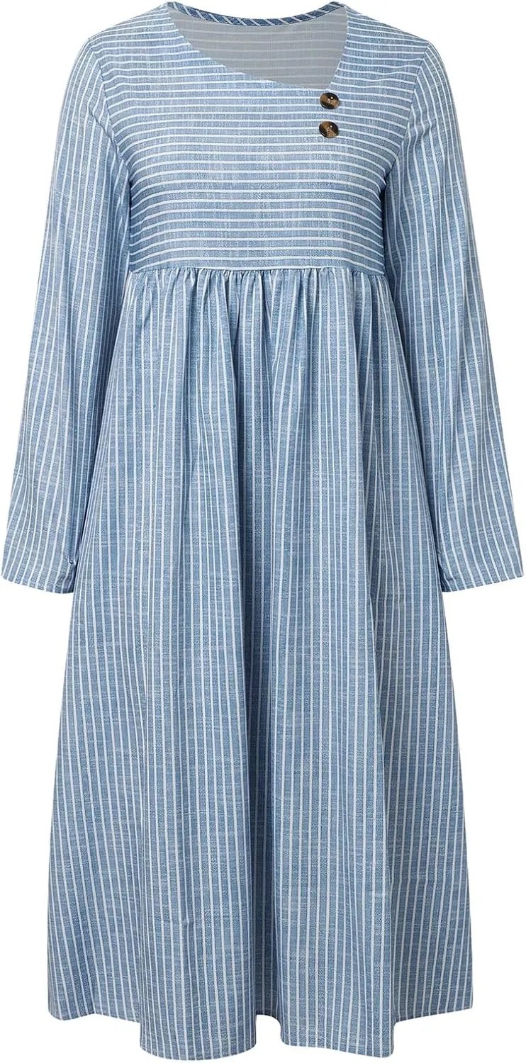 Stripe Long Dresses for Women 2025 Trendy Button Crop Neck Short Sleeve Dress Casual Summer Beach Vacation Sundress