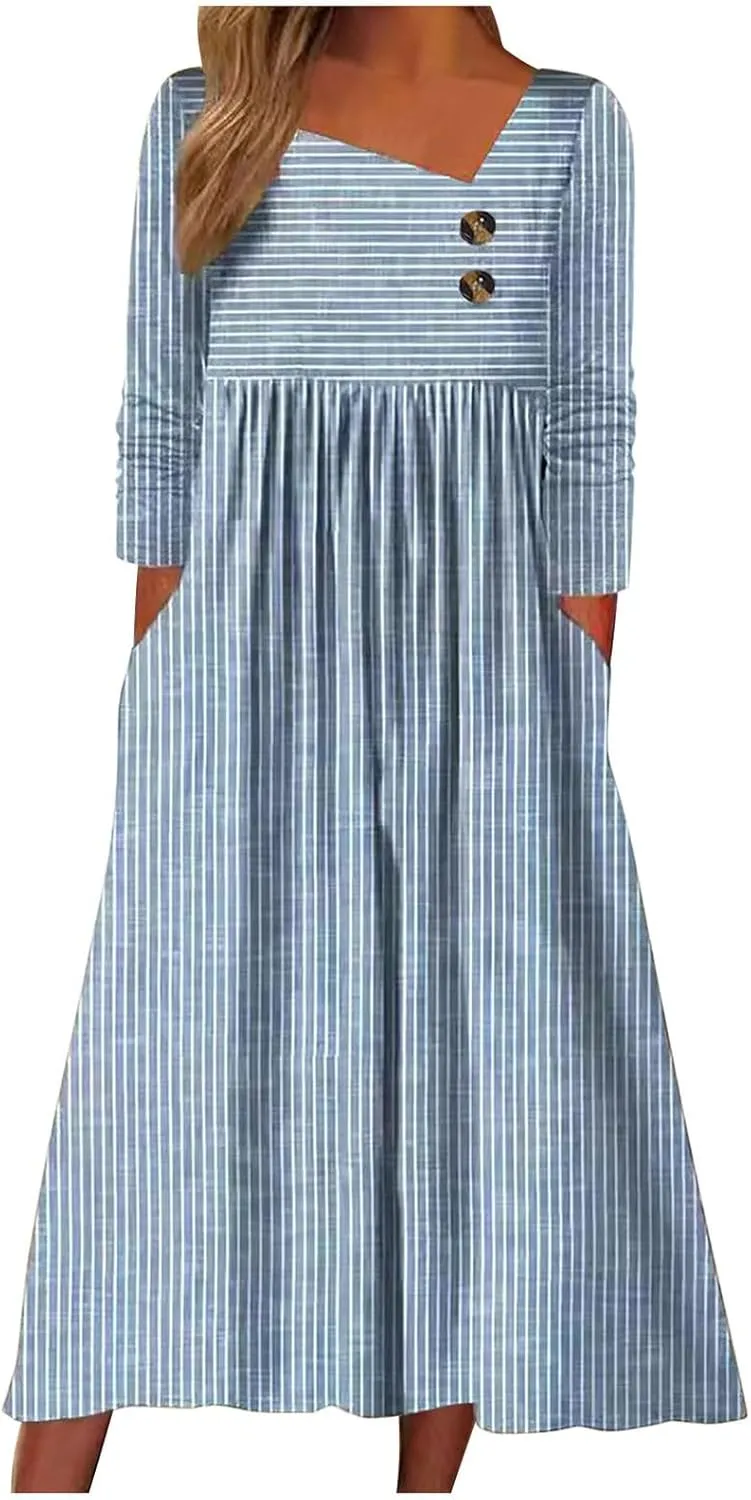 Stripe Long Dresses for Women 2025 Trendy Button Crop Neck Short Sleeve Dress Casual Summer Beach Vacation Sundress