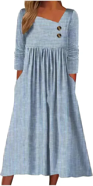 Stripe Long Dresses for Women 2025 Trendy Button Crop Neck Short Sleeve Dress Casual Summer Beach Vacation Sundress
