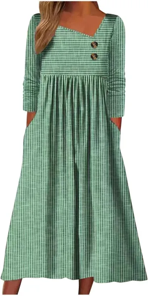 Stripe Long Dresses for Women 2025 Trendy Button Crop Neck Short Sleeve Dress Casual Summer Beach Vacation Sundress