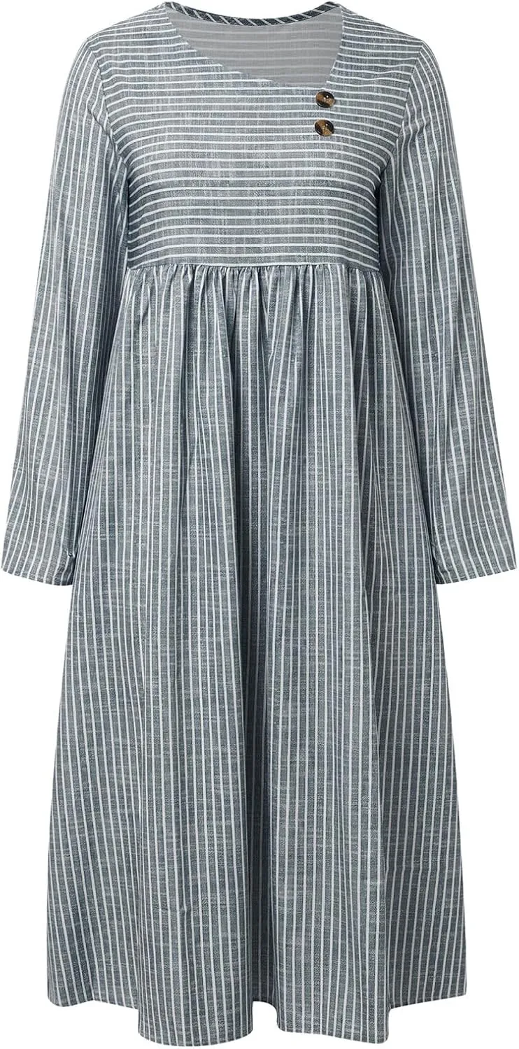 Stripe Long Dresses for Women 2025 Trendy Button Crop Neck Short Sleeve Dress Casual Summer Beach Vacation Sundress