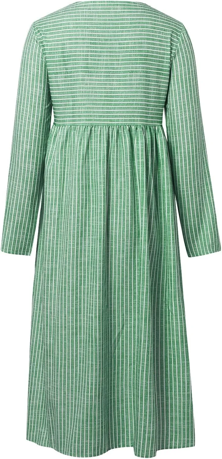 Stripe Long Dresses for Women 2025 Trendy Button Crop Neck Short Sleeve Dress Casual Summer Beach Vacation Sundress