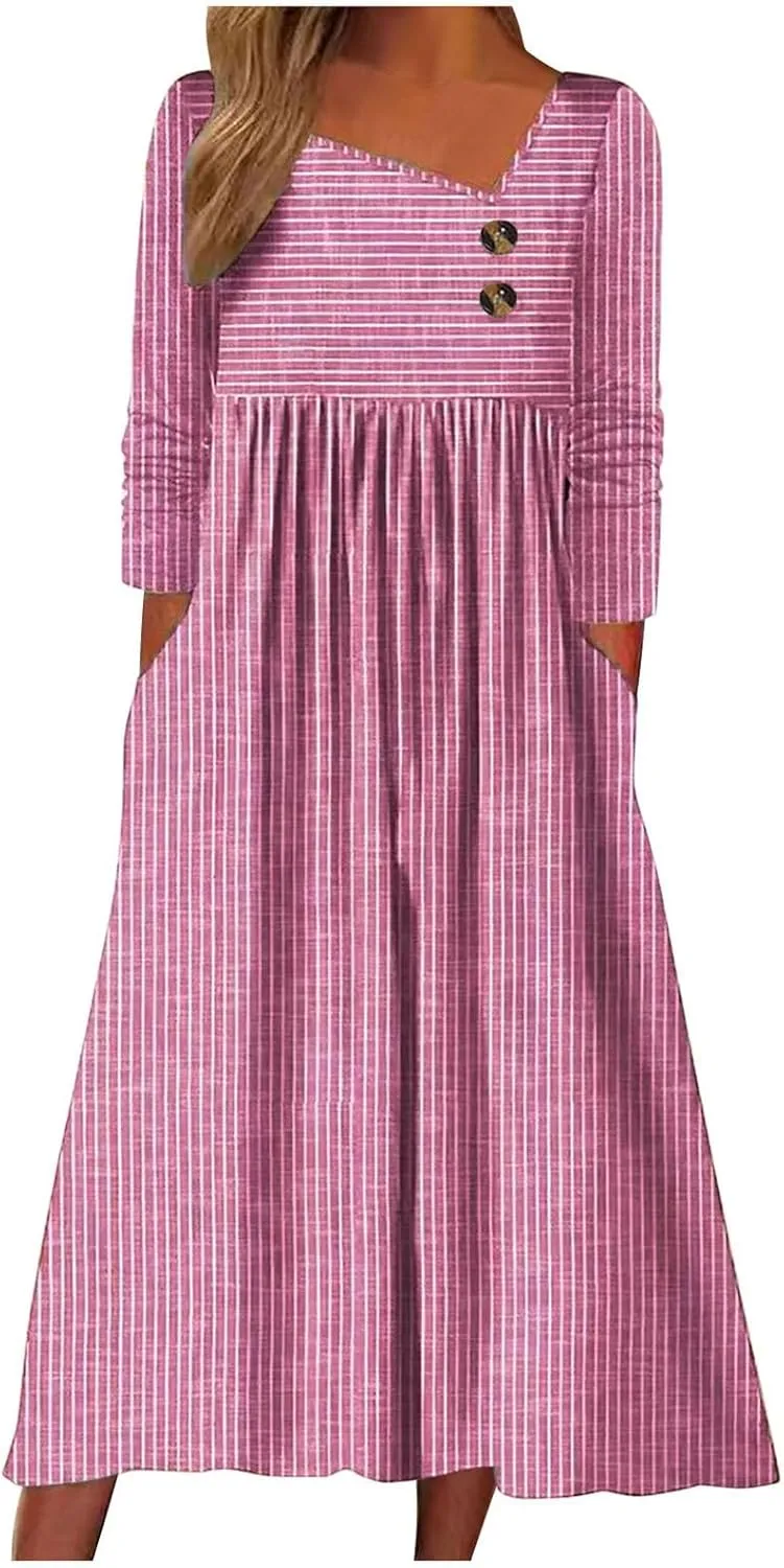 Stripe Long Dresses for Women 2025 Trendy Button Crop Neck Short Sleeve Dress Casual Summer Beach Vacation Sundress