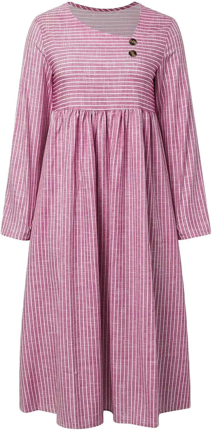 Stripe Long Dresses for Women 2025 Trendy Button Crop Neck Short Sleeve Dress Casual Summer Beach Vacation Sundress