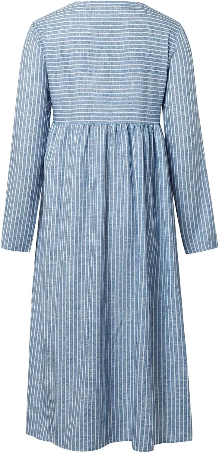 Stripe Long Dresses for Women 2025 Trendy Button Crop Neck Short Sleeve Dress Casual Summer Beach Vacation Sundress
