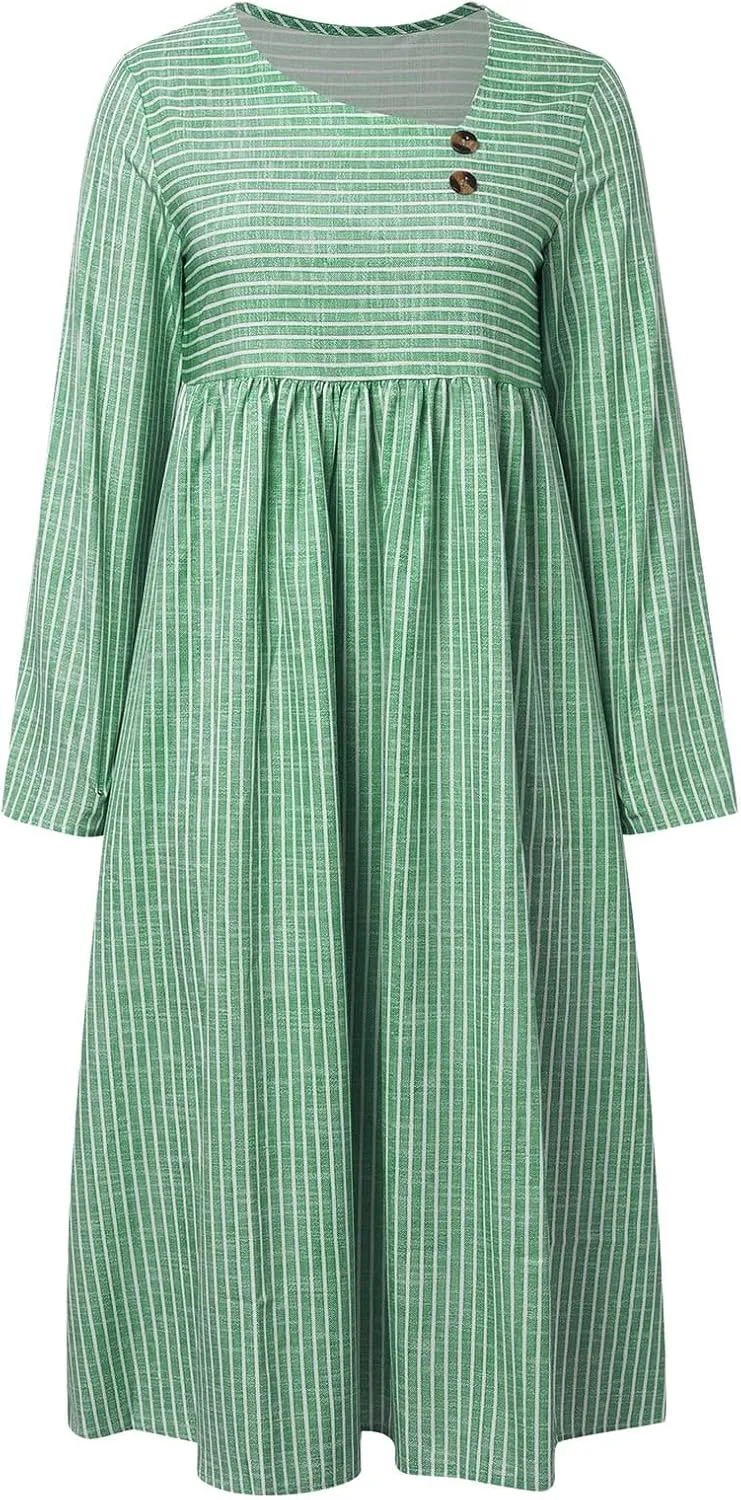 Stripe Long Dresses for Women 2025 Trendy Button Crop Neck Short Sleeve Dress Casual Summer Beach Vacation Sundress