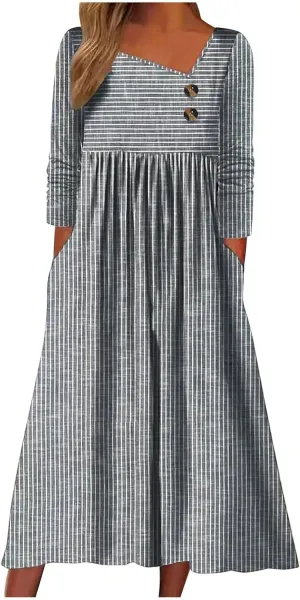 Stripe Long Dresses for Women 2025 Trendy Button Crop Neck Short Sleeve Dress Casual Summer Beach Vacation Sundress