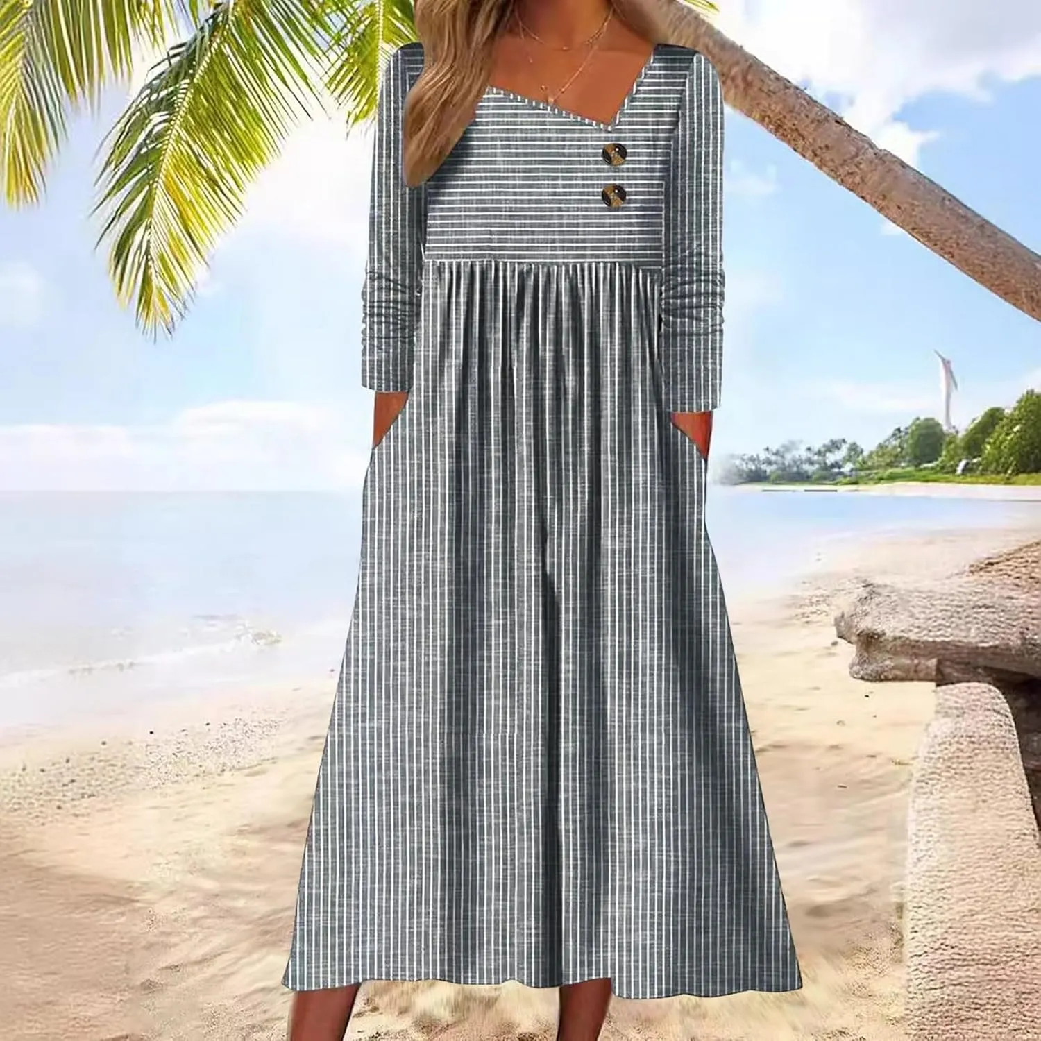Stripe Long Dresses for Women 2025 Trendy Button Crop Neck Short Sleeve Dress Casual Summer Beach Vacation Sundress