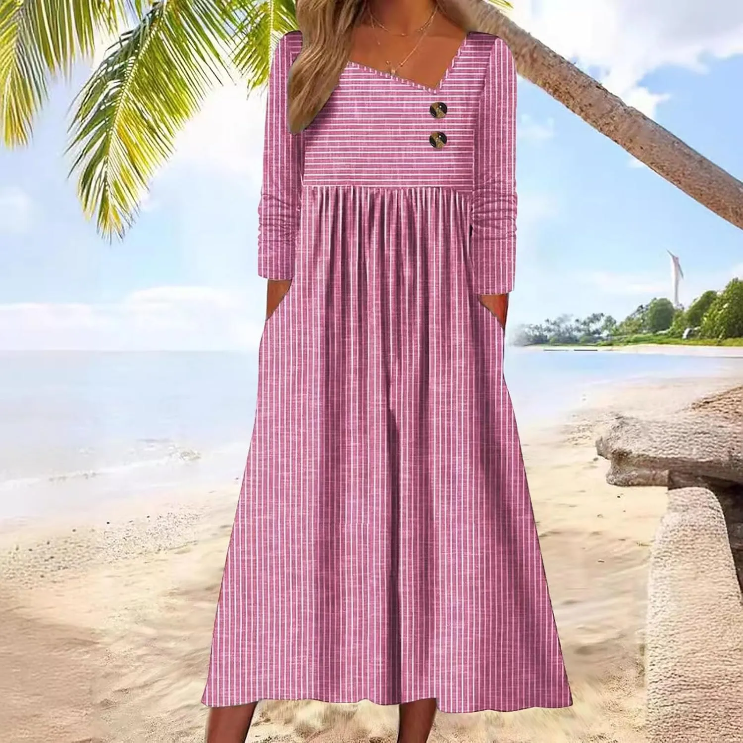 Stripe Long Dresses for Women 2025 Trendy Button Crop Neck Short Sleeve Dress Casual Summer Beach Vacation Sundress