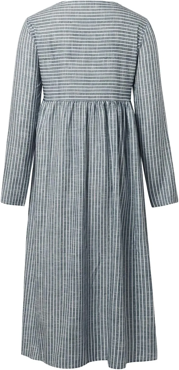 Stripe Long Dresses for Women 2025 Trendy Button Crop Neck Short Sleeve Dress Casual Summer Beach Vacation Sundress