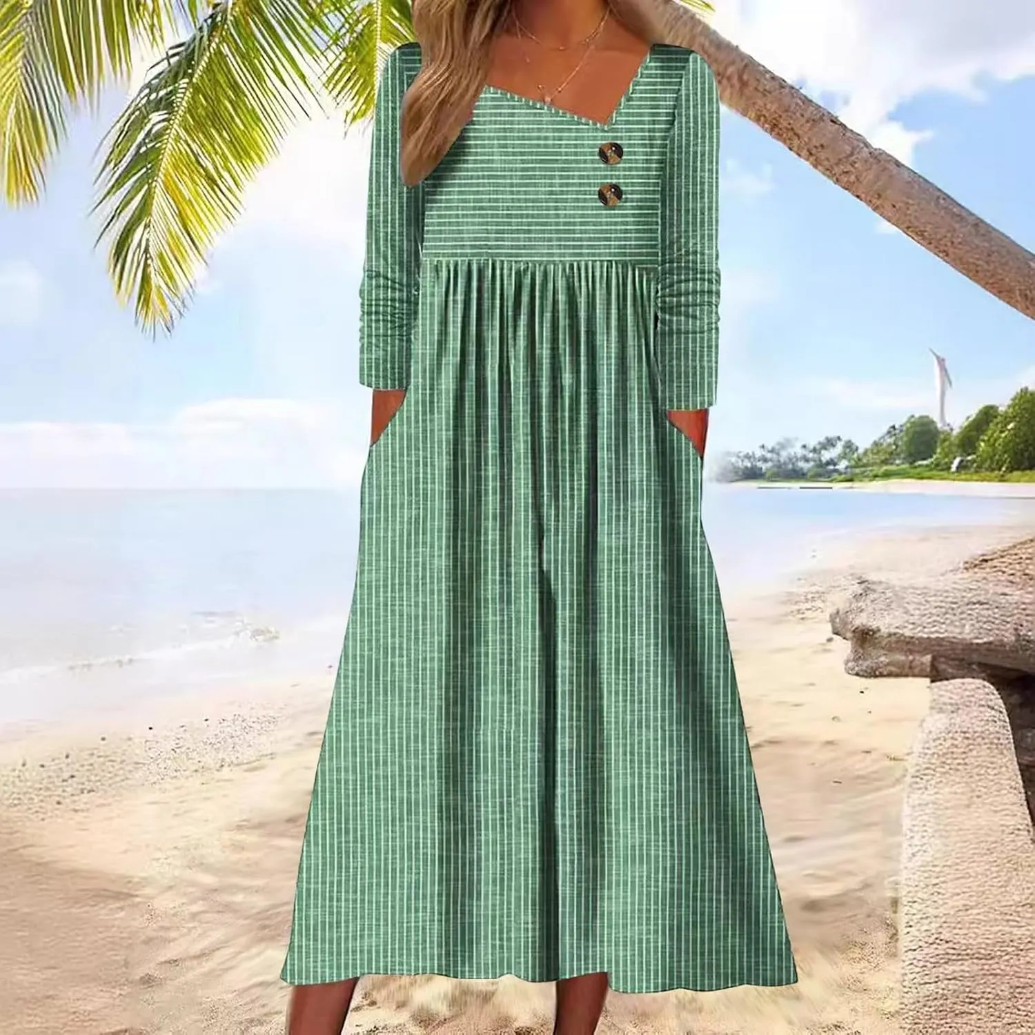 Stripe Long Dresses for Women 2025 Trendy Button Crop Neck Short Sleeve Dress Casual Summer Beach Vacation Sundress