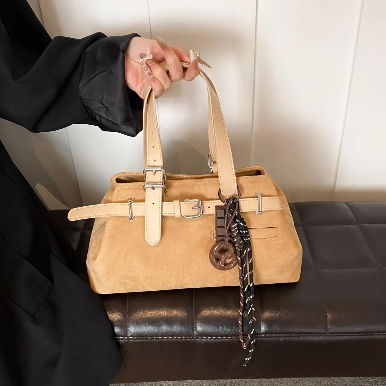 Suede Purses Y2k Belt Shoulder Purses Designer Handbags Women Fall Vintage 2000s Suede Bag Satchel Trendy