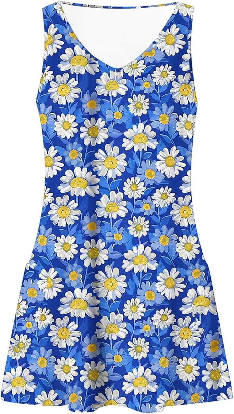 Summer Beach Dresses for Women 2025 Trendy Sleeveless v Neck Flowy Mini Aline Dress Boho Floral Tshirt Tank Sundress