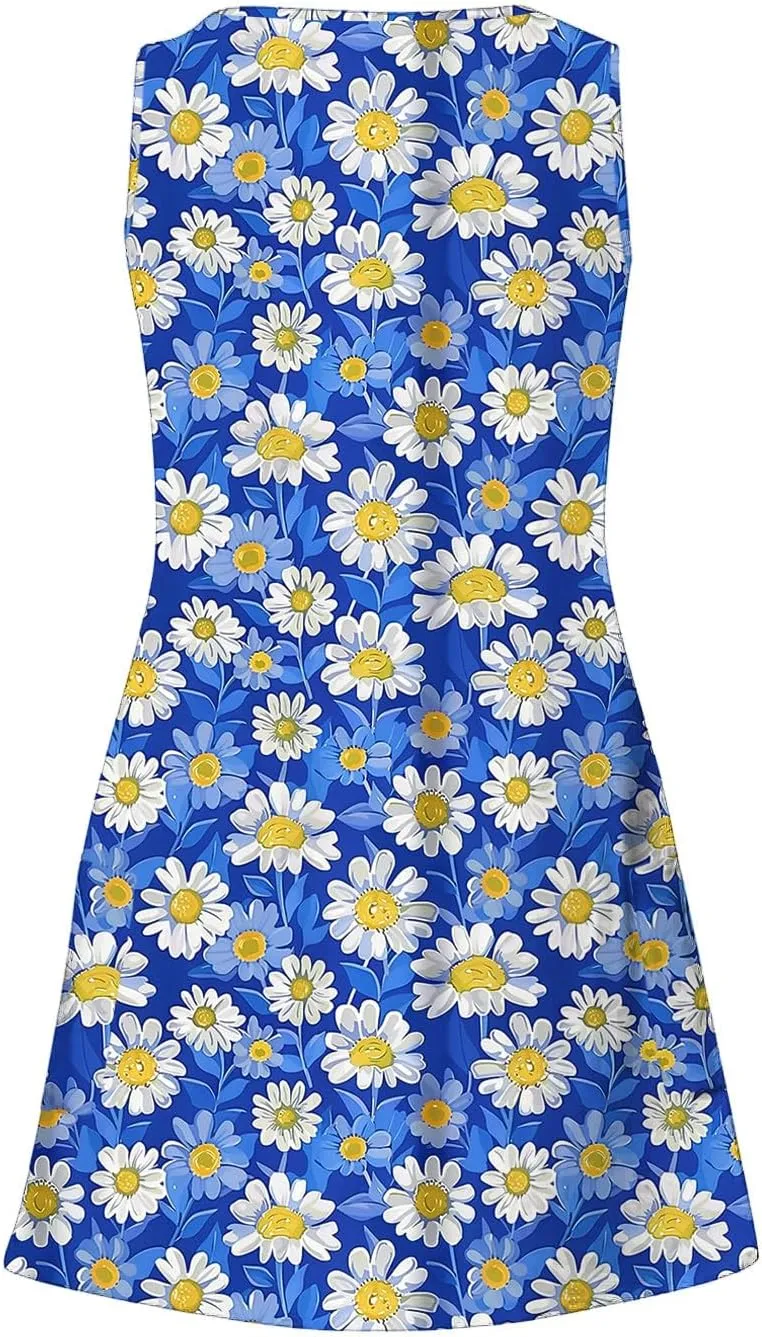 Summer Beach Dresses for Women 2025 Trendy Sleeveless v Neck Flowy Mini Aline Dress Boho Floral Tshirt Tank Sundress