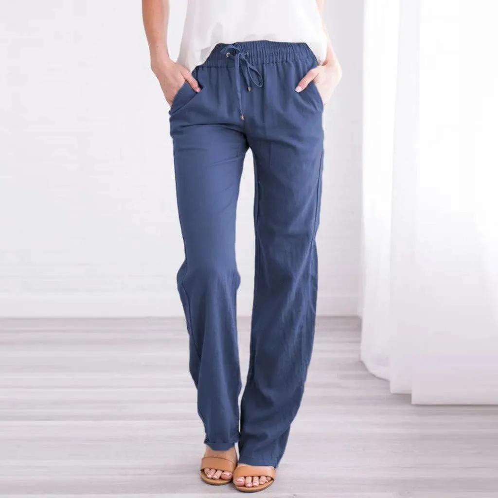 Summer Beach Linen Pants for Women Casual Drawstring Elastic Waist Pants Wide Leg Trousers with Pockets
