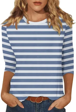 Summer Clothes Round Neck 3/4 Sleeve Shirts Cute Daily Versatile Blouses Trendy Casual Tunic Loose Fit Basic Clothing