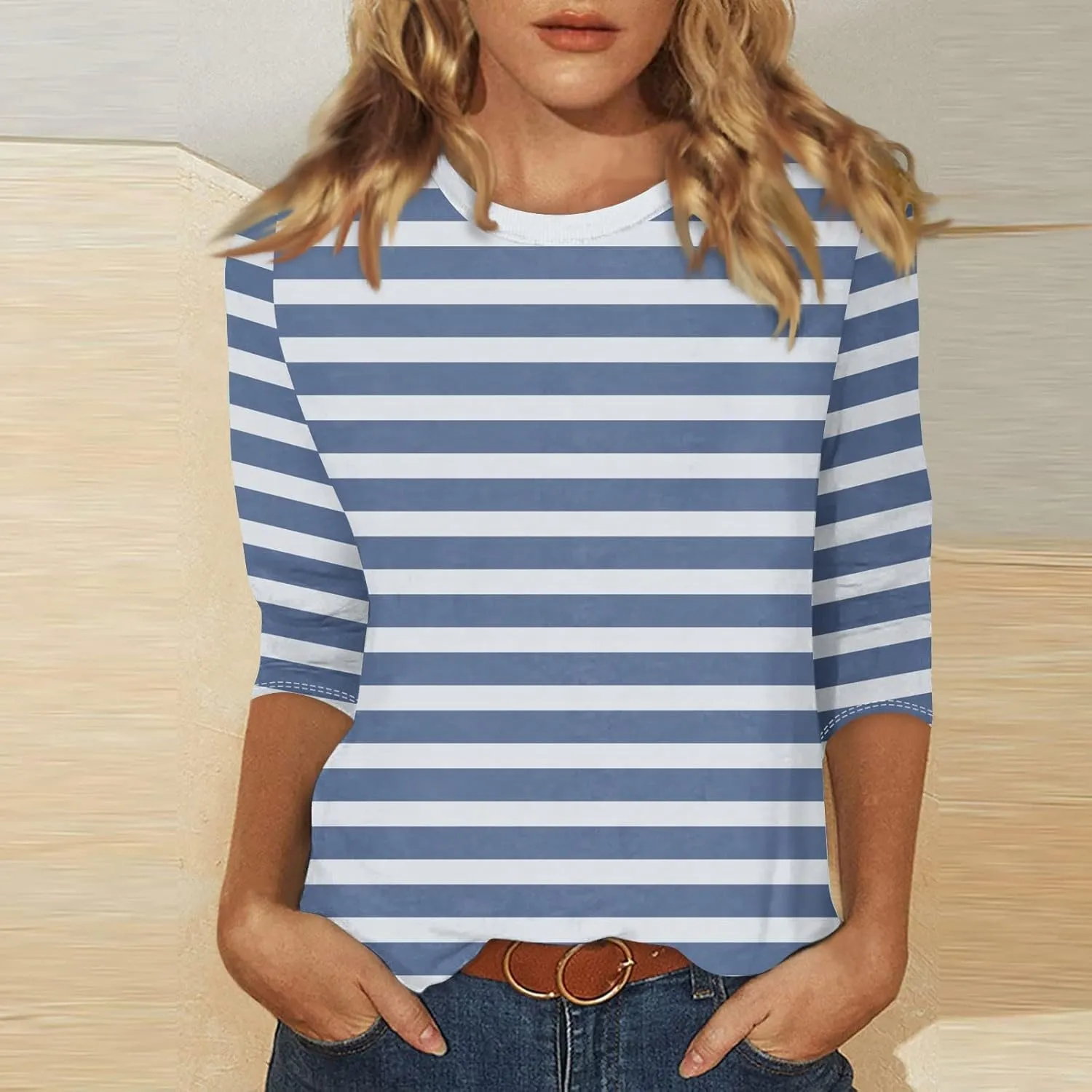 Summer Clothes Round Neck 3/4 Sleeve Shirts Cute Daily Versatile Blouses Trendy Casual Tunic Loose Fit Basic Clothing